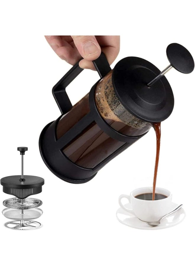 ماكينة تحضير القهوة الفرنسية سعة 350 مل - مصنوعة من زجاج البوروسيليكات المتين مع فلتر ثلاثي من الفولاذ المقاوم للصدأ لتحضير الإسبريسو والقهوة والشاي، مقاومة للحرارة، بتصميم أسود أنيق - Image 1